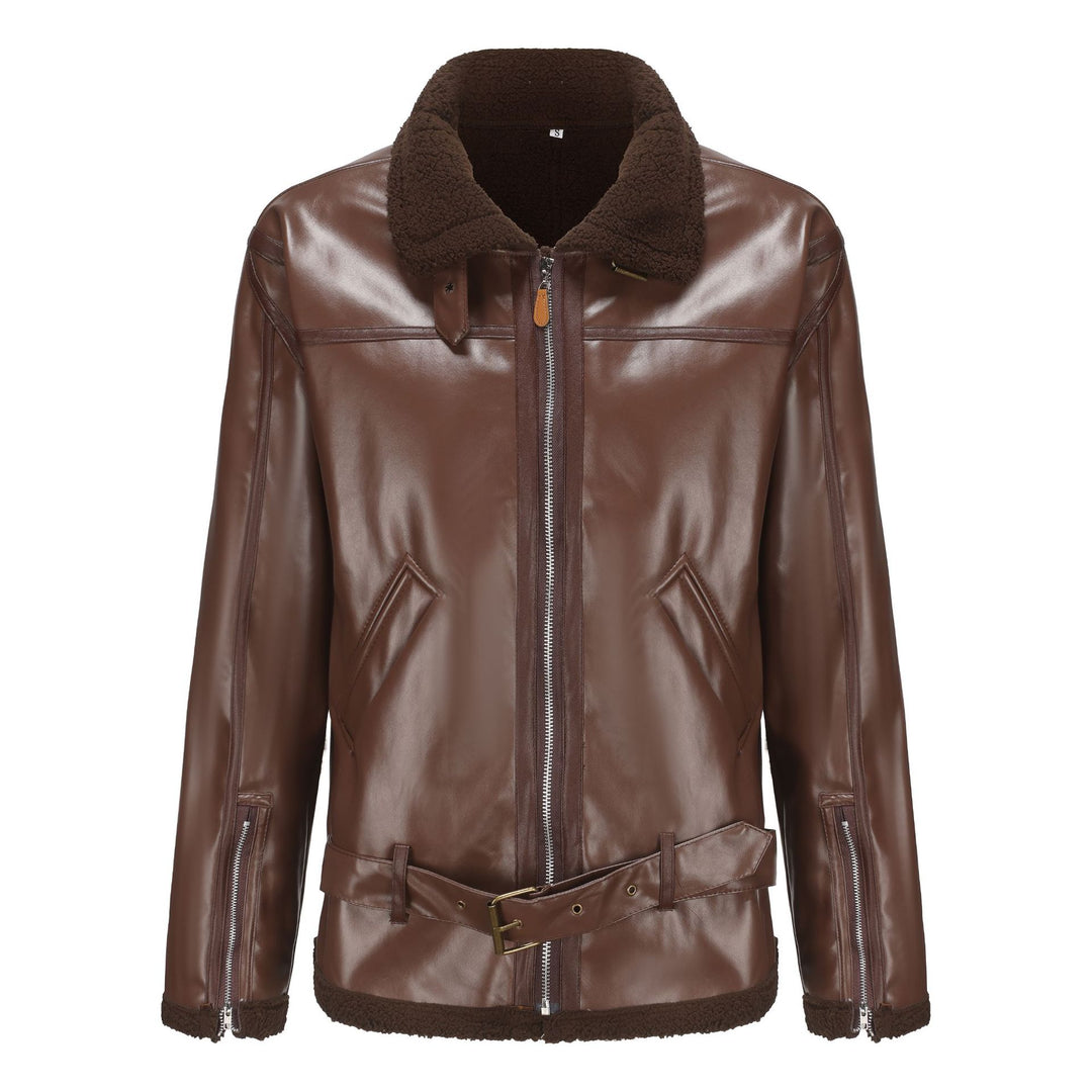 Herren Kunstleder-Fliegerjacke mit Teddyfutter, Reißverschlusstaschen und Taillengürtel Drune