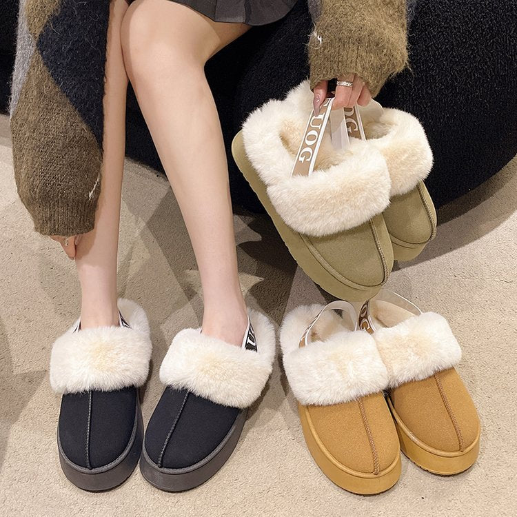 Damen Pelzgefütterte Slingback‑Pantoletten mit elastischem Markenriemen und leichter Plateausohle Drune