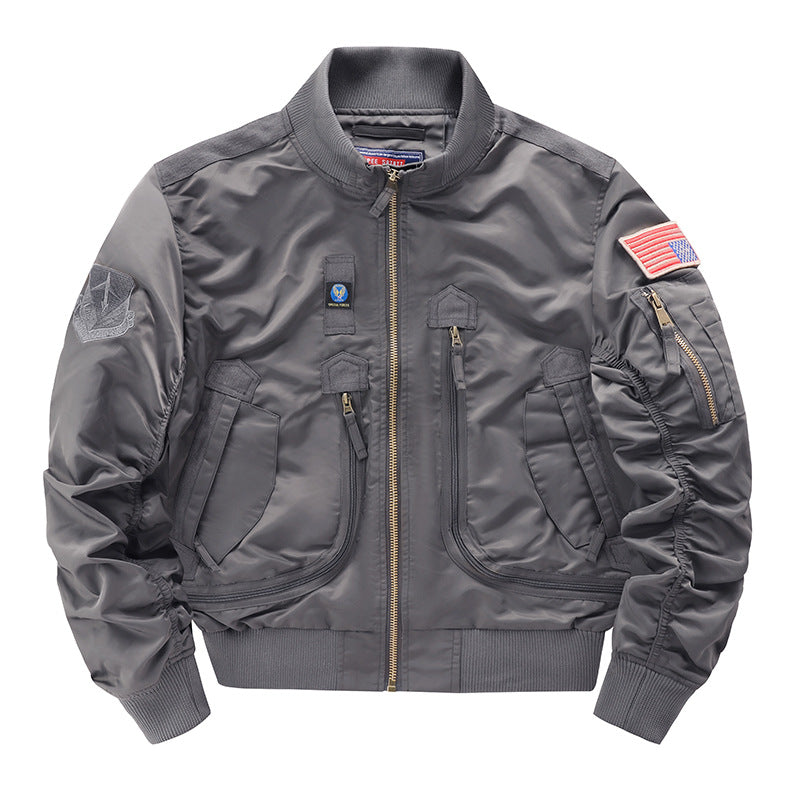 Men's  pilot-style cropped utility flight bomber with multi-zip pockets and ribbed collar Drune