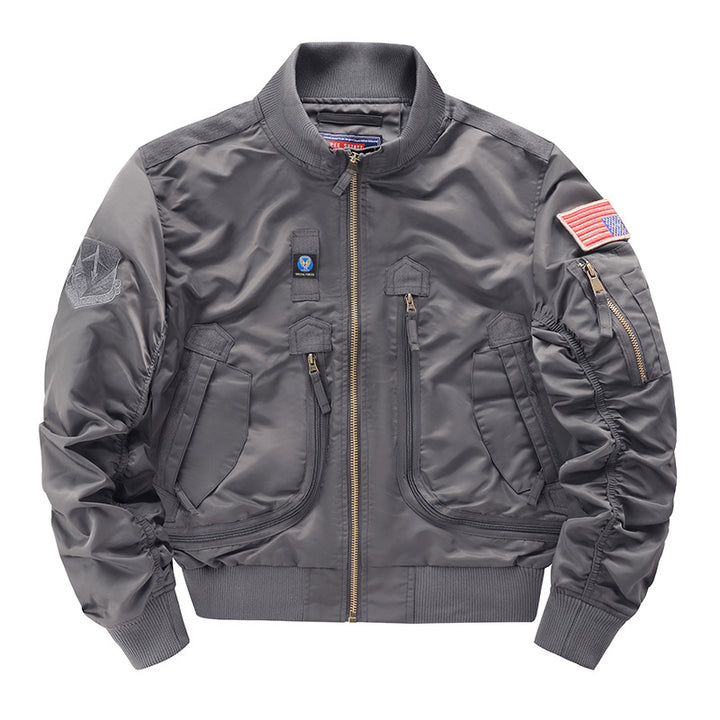 Men's  pilot-style cropped utility flight bomber with multi-zip pockets and ribbed collar Drune