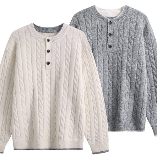 Damen Zopfmuster-Henley-Pullover mit Rundhalsausschnitt & Knopfleiste Drune