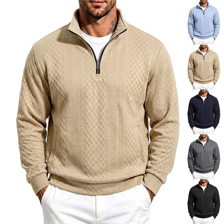 Herren Troyer-Sweatshirt mit feiner Rautenstruktur, halbem Reißverschluss und Eingrifftaschen Drune