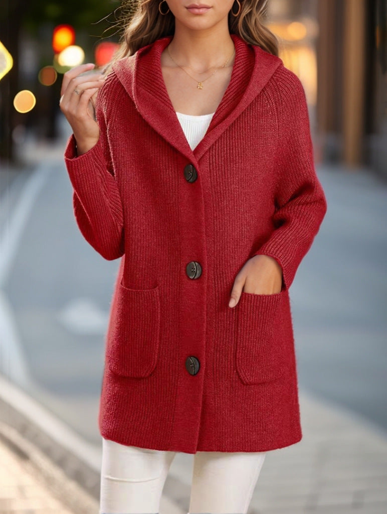 Damen nan lange gerippte Kapuzen-Strickjacke mit aufgesetzten Taschen und markanten Knöpfen Drune