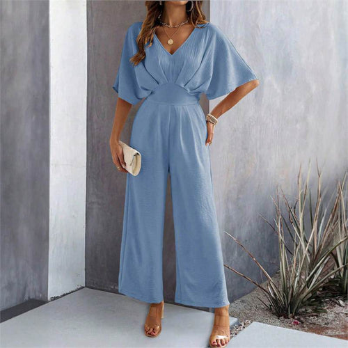 Damen Eleganter Jumpsuit mit weit geschnittenem Bein und schickem V-Ausschnitt Drune