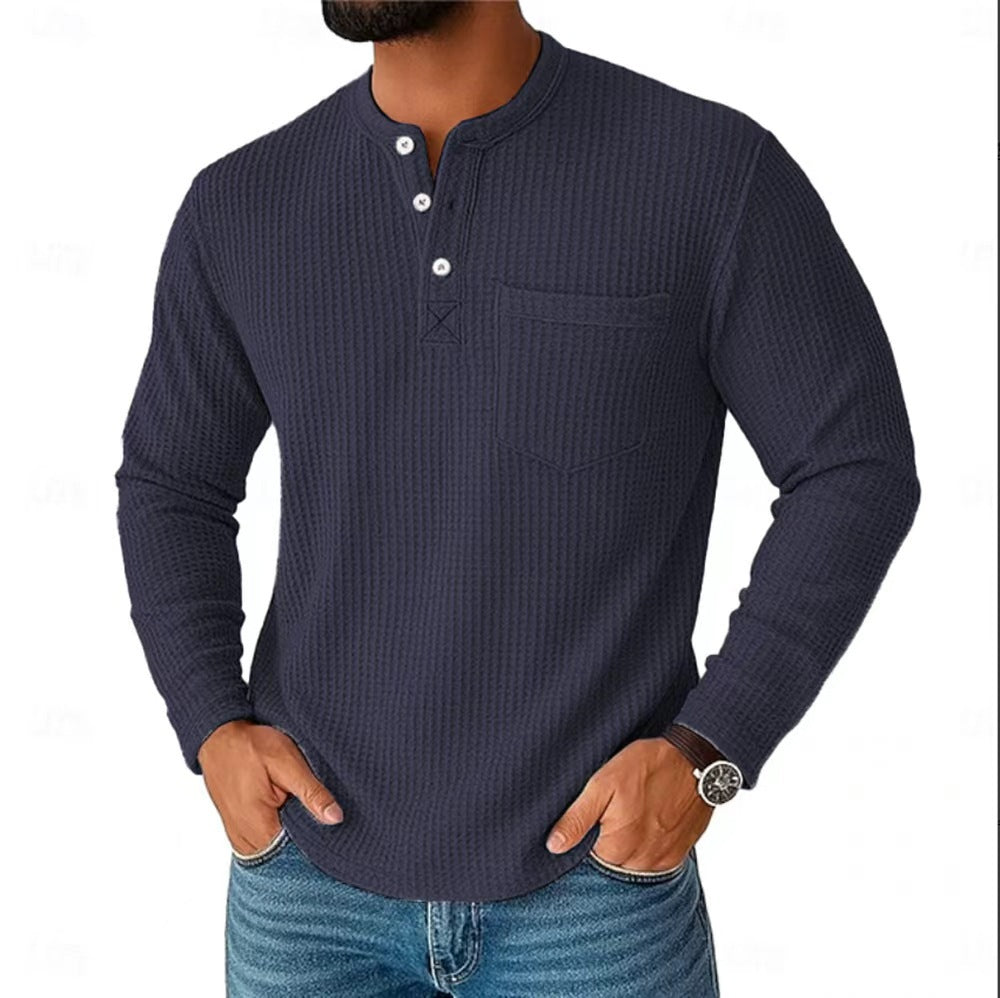 Herren Langarm Henley mit Waffelstruktur und Brusttasche thermisches Langarmshirt Drune