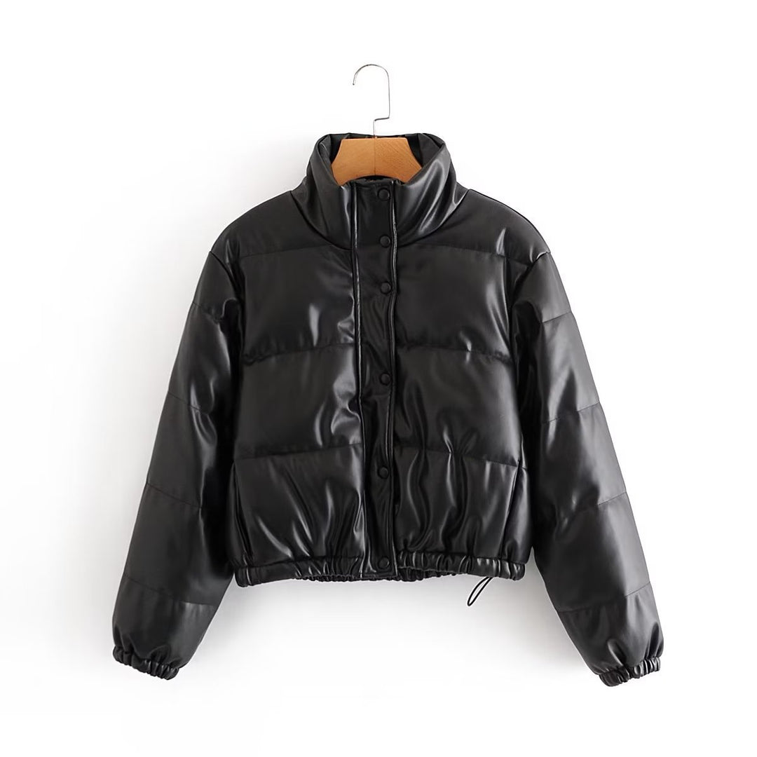 Damen nan kurzes gesteppte Kunstleder-Pufferjacke mit hohem Stehkragen, Druckknopfleiste und Kordelzugsaum Drune