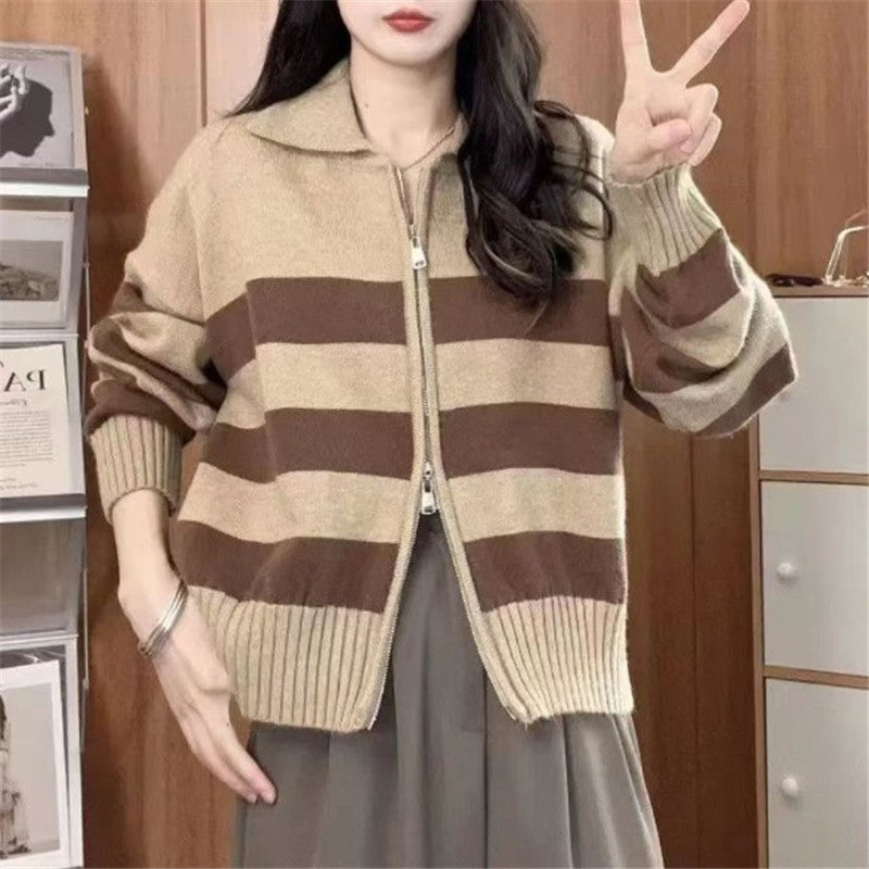 Damen lässige Cardiganjacke mit Reißverschluss und breiten Streifen Drune