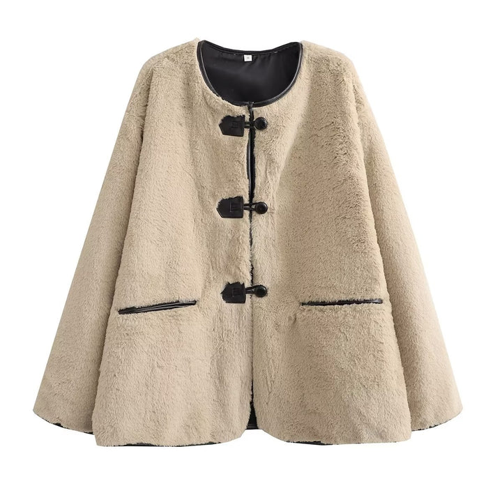 Damen nan kurzer Teddy-Mantel mit Knebelverschluss, Lederimitat‑Einfassung und aufgesetzten Taschen Drune