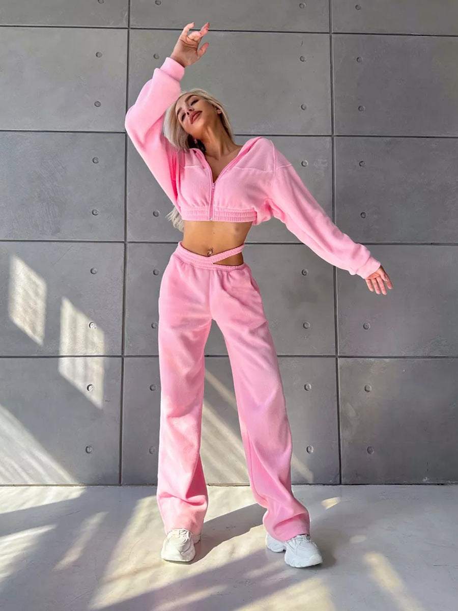Damen Cropped Fleece-Set mit kurzem Zip-Hoodie und hoher Taillen-Jogginghose Drune