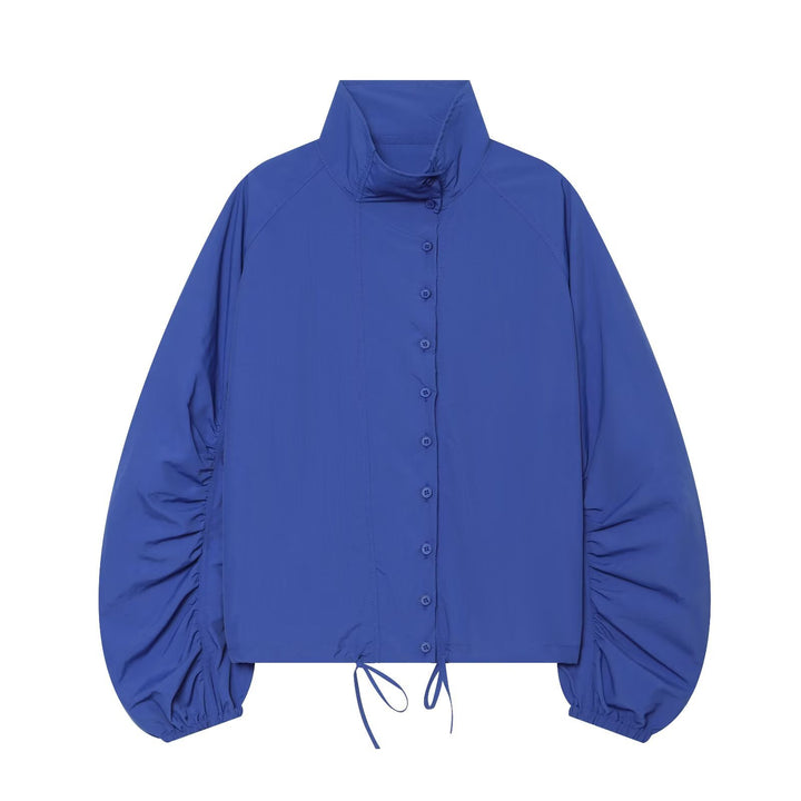 Damen Kurzjacke mit gerafften Ballonärmeln, Stehkragen und Tunnelzug Drune