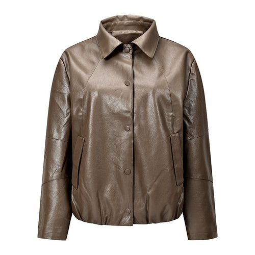 Damen Kurz geschnittene Kunstleder‑Blousonjacke mit Druckknopffront, Hemdkragen & elastischem Saum Drune
