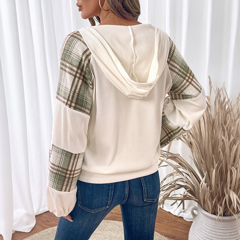 Damen Modisches Langarmhemd mit Knopfdetails und Karo-Ärmeln Drune
