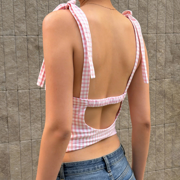 Damen Gingham Crop-Top mit süßen Schleifen-Details Drune