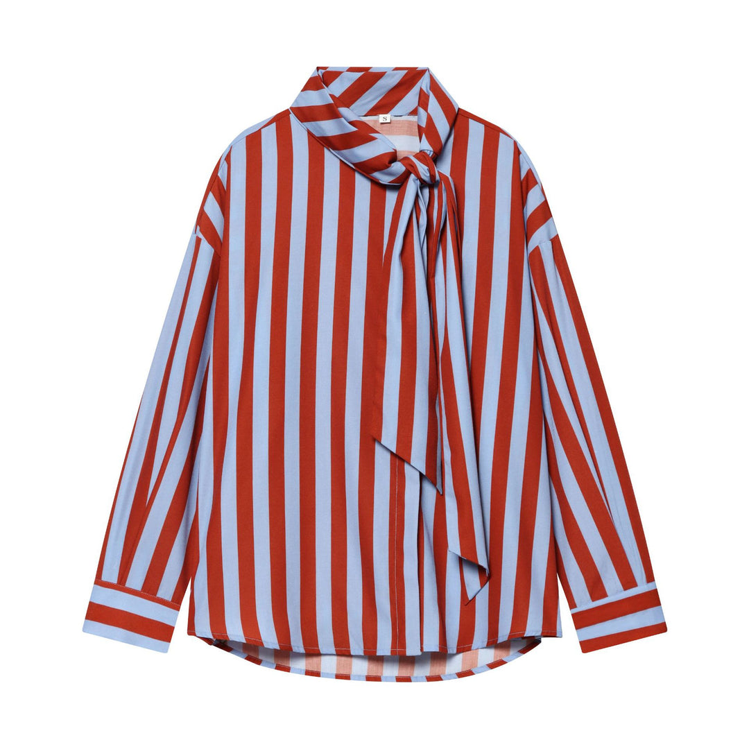 Damen Oversize Bluse mit Schleifenkragen und feinen Streifen Drune