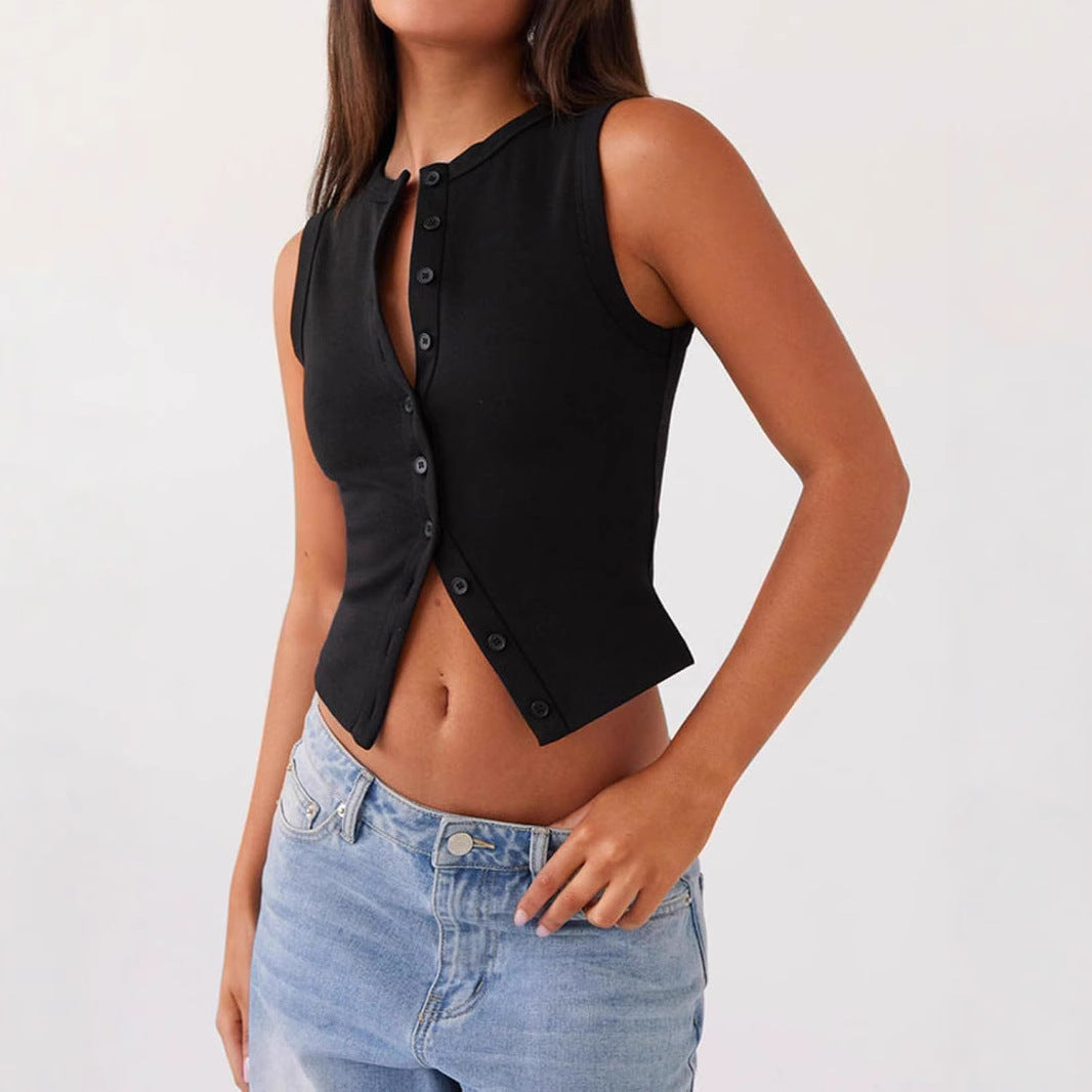 Damen Cropped Oberteil mit Knopfleiste und figurbetonter Passform Drune