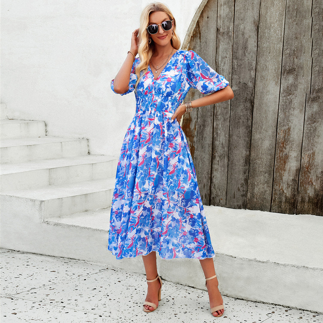 Damen Midikleid mit eleganten Puffärmeln und romantischem Blumenmuster Drune