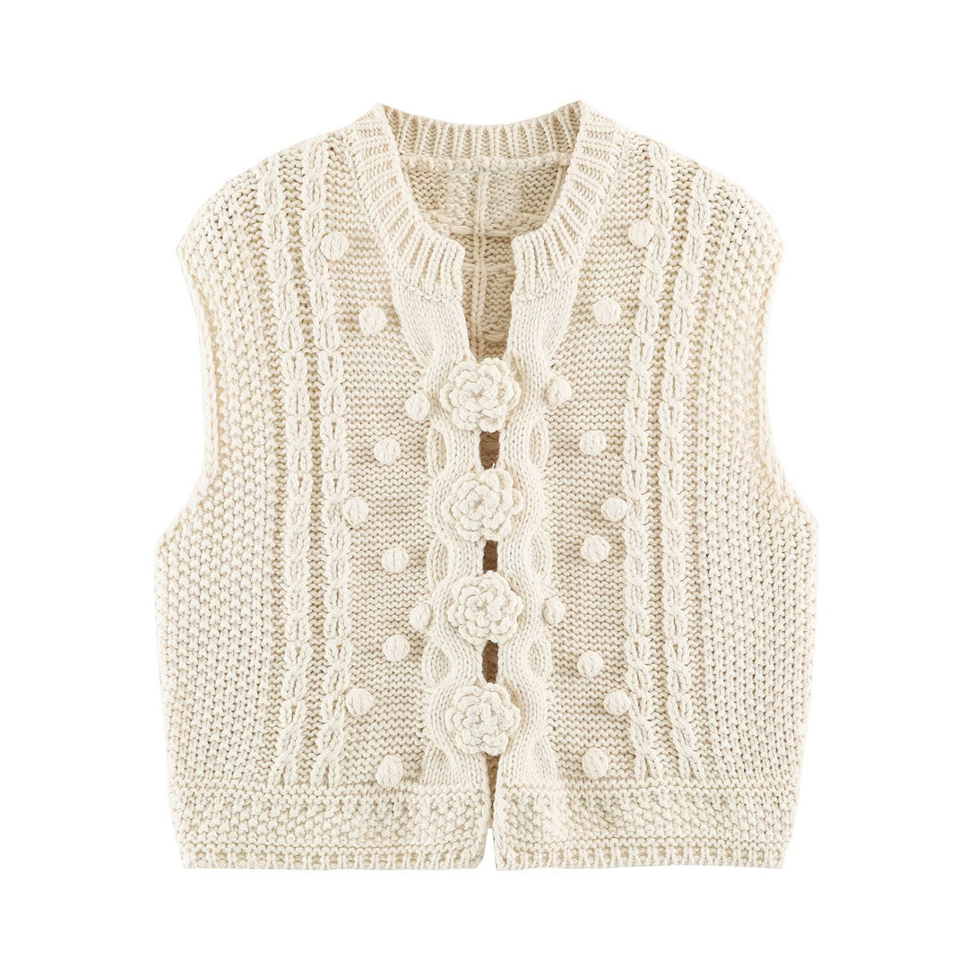 Damen Strickweste mit Zopfmuster, Blumenapplikationen und Noppenstruktur Drune