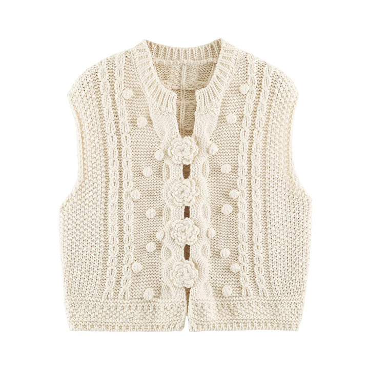 Damen Strickweste mit Zopfmuster, Blumenapplikationen und Noppenstruktur Drune