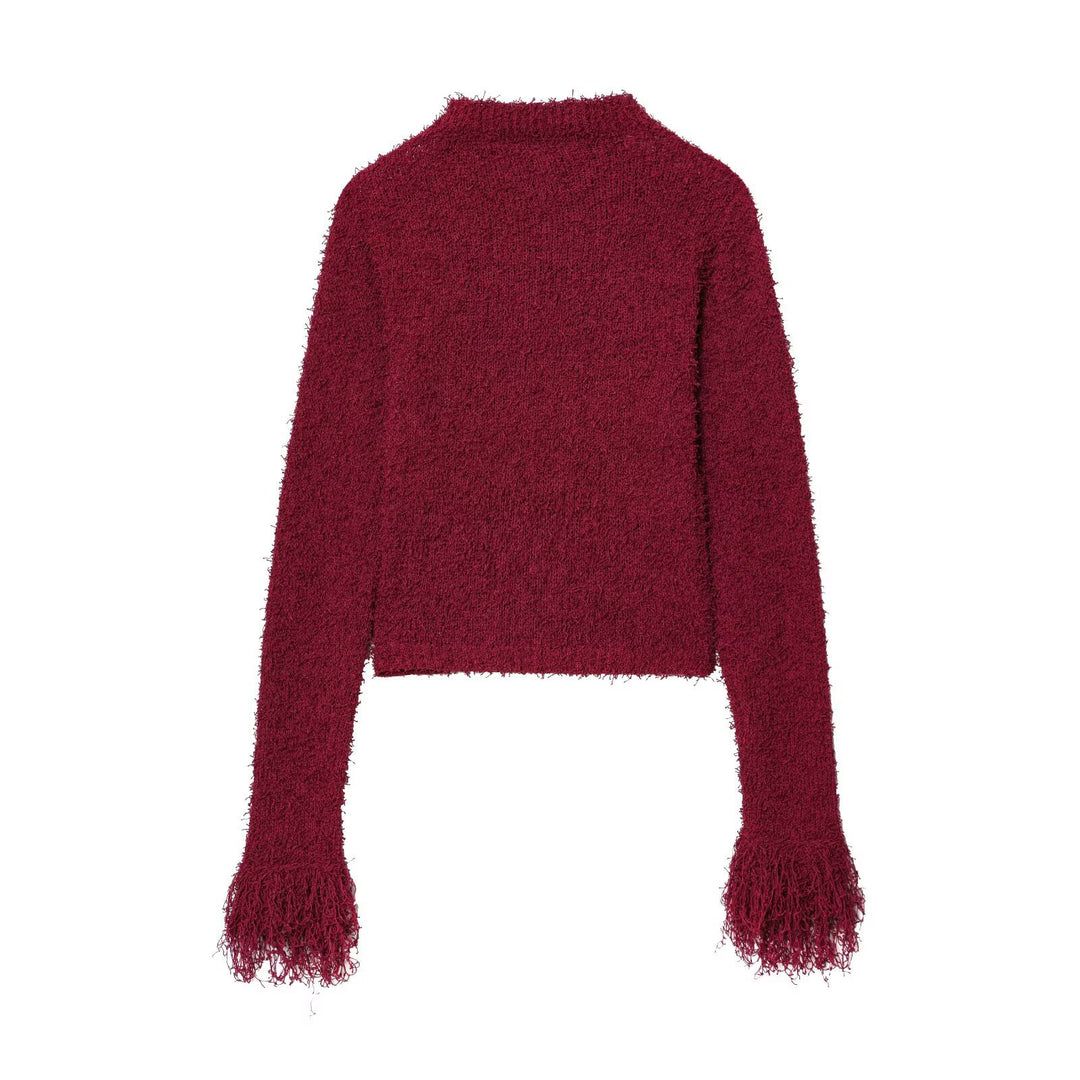Damen kuschelige Strickjacke mit fransigen Ärmelabschlüssen und elegantem Stehkragen Drune