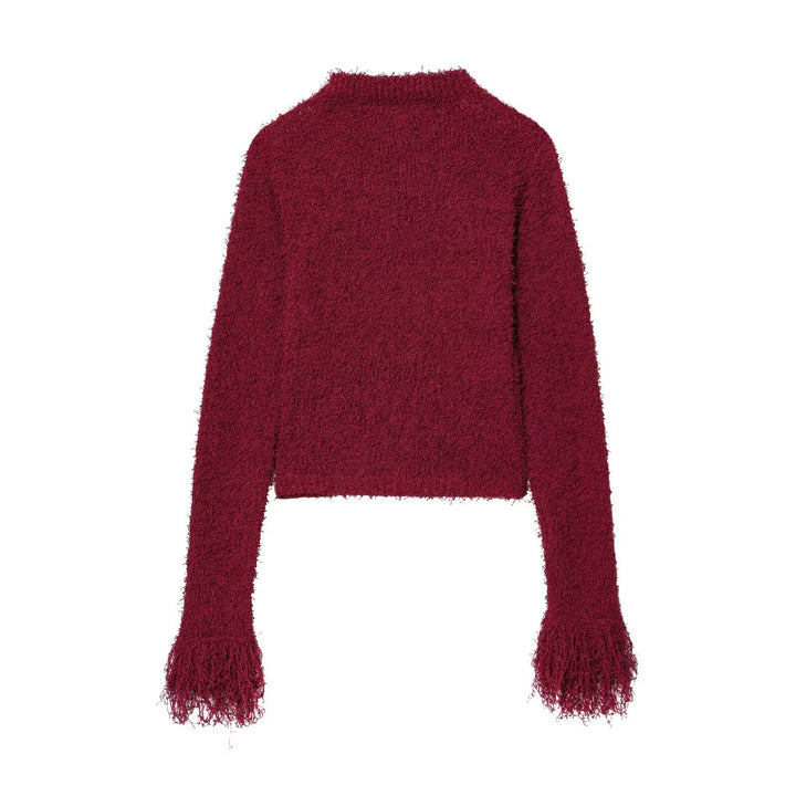 Damen kuschelige Strickjacke mit fransigen Ärmelabschlüssen und elegantem Stehkragen Drune