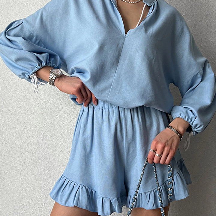 Damen Elegantes und lässiges Kurzarm-Set mit Rüschendetails Drune