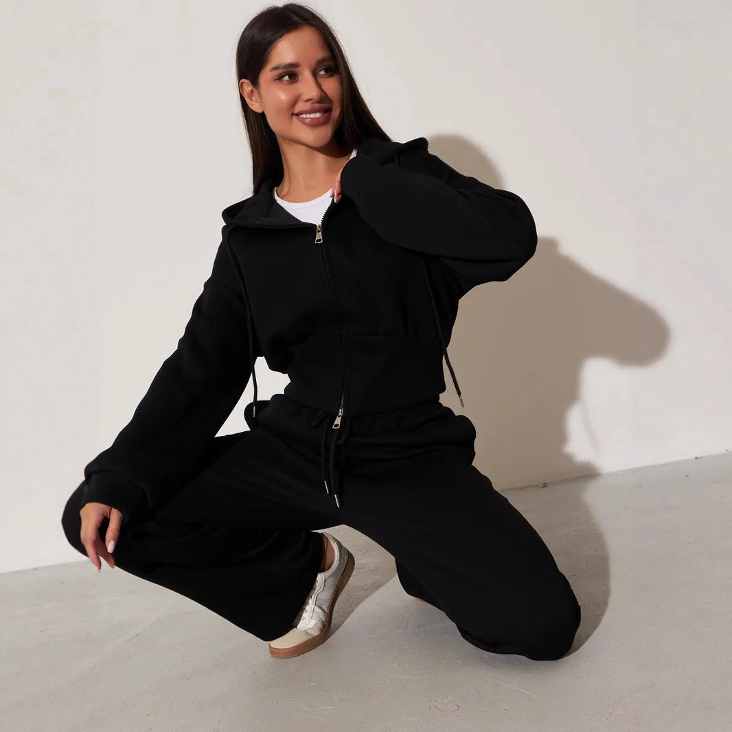 Damen kurzes Kapuzen-Zipshirt mit tailliertem Tunnelzug und weit geschnittene High-Waist-Loungehose Drune