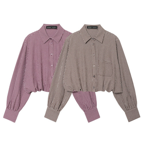 Damen Karierte Cropped Bluse mit Gummizugsaum Drune