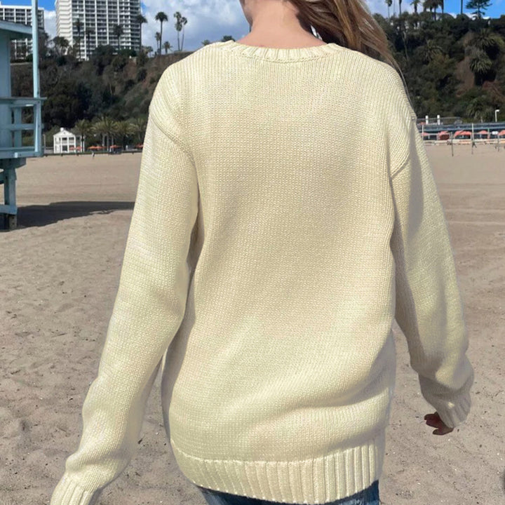 Damen Kuscheliger Baumwollmix-Strickpullover mit Rundhals und eingestrickter Flaggenapplikation Drune