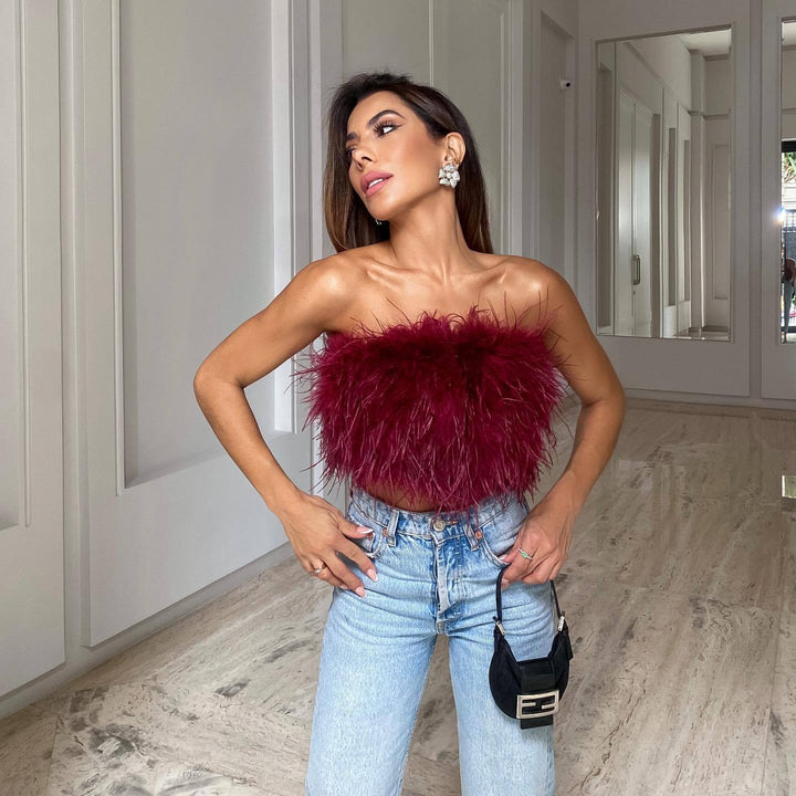 Damen Glamouröses Plüsch-Top mit abnehmbaren Trägern und fransigen Details Drune