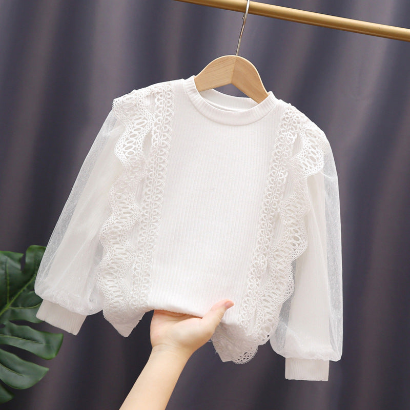 Mädchen Sweatshirt mit eleganten Rüschendetails und transparenten Tüllärmeln Drune