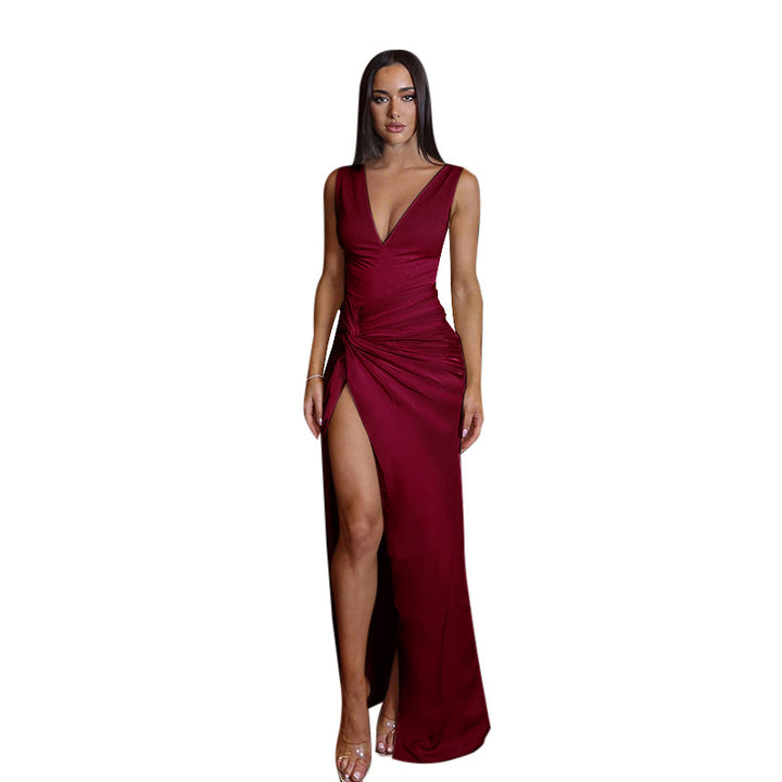 Damen figurbetontes Maxikleid mit raffinierten Drapierungen und tiefem Schlitz Drune