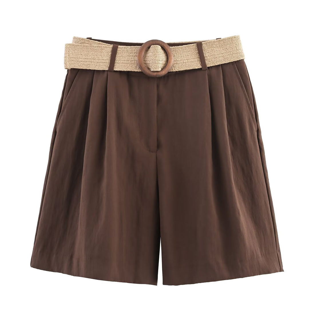 Damen elegante Shorts mit breitem, geflochtenem Gürtel Drune