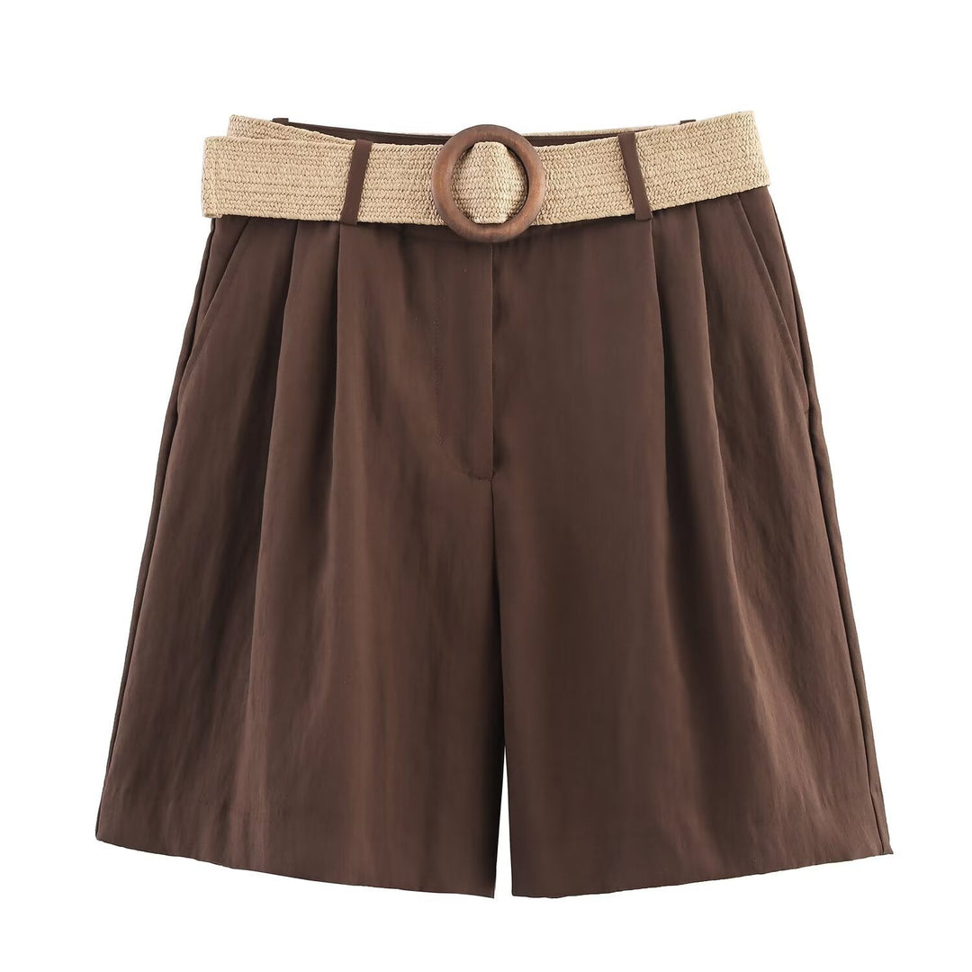 Damen elegante Shorts mit breitem, geflochtenem Gürtel Drune