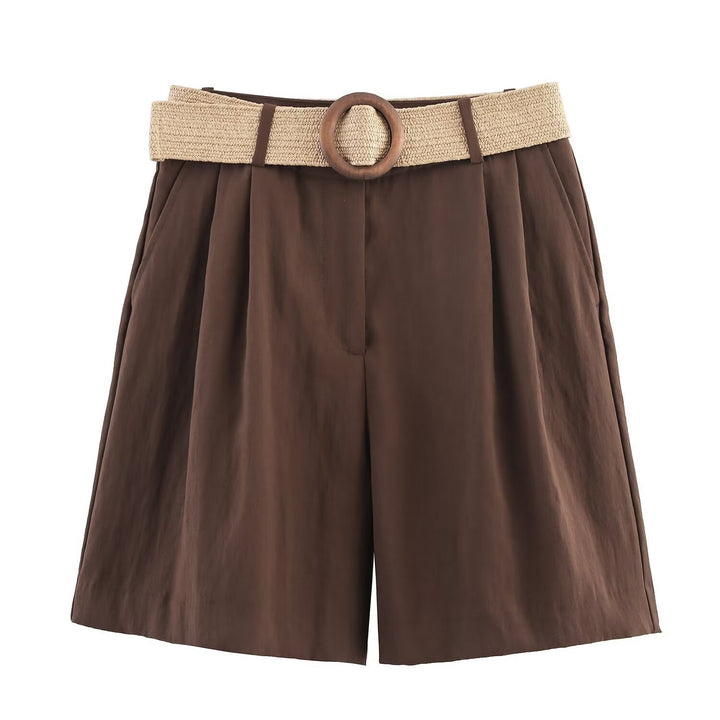 Damen elegante Shorts mit breitem, geflochtenem Gürtel Drune