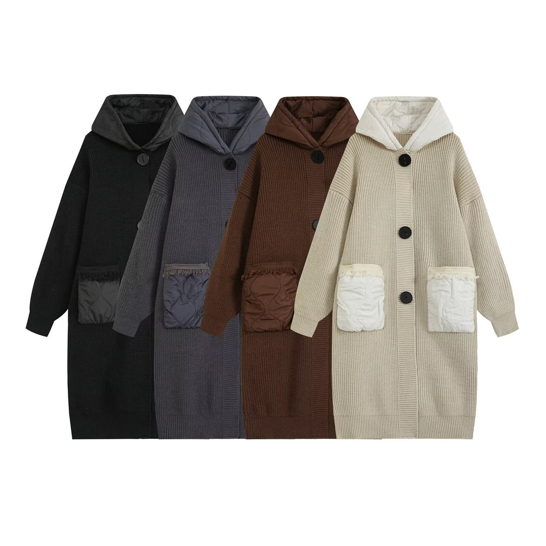 Damen Longline Grobstrickmantel mit gesteppter Kapuze und übergroßen Fronttaschen Drune