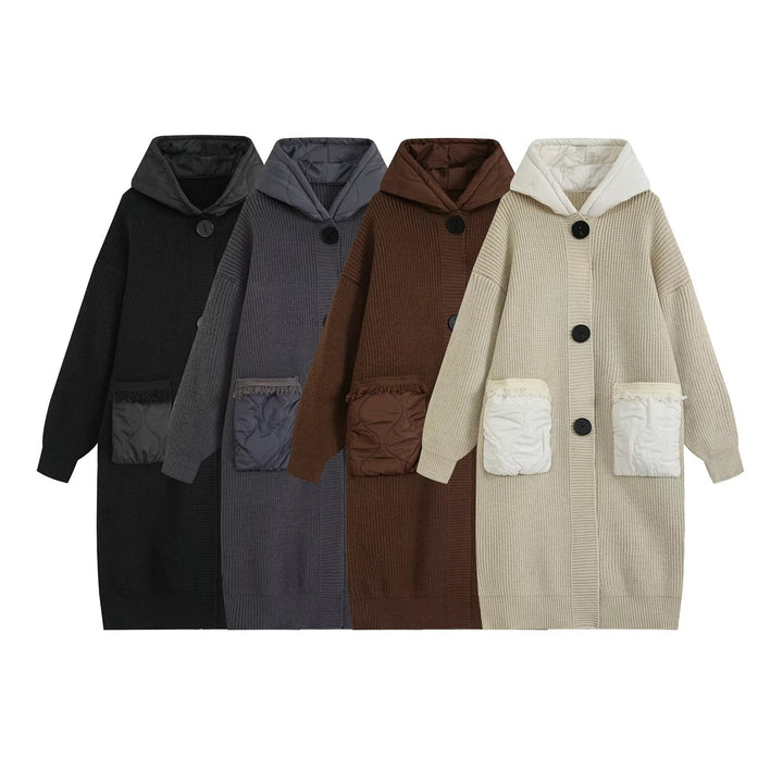 Damen Longline Grobstrickmantel mit gesteppter Kapuze und übergroßen Fronttaschen Drune