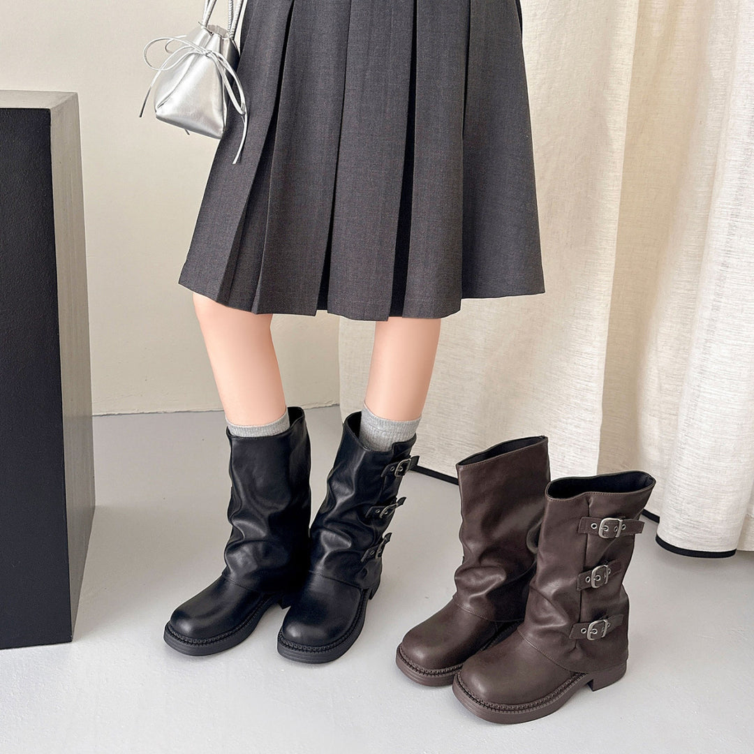 Damen Modische Stiefel mit Schnallen und hohem Schaft Drune