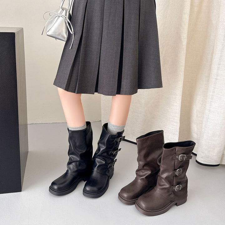 Damen Modische Stiefel mit Schnallen und hohem Schaft Drune