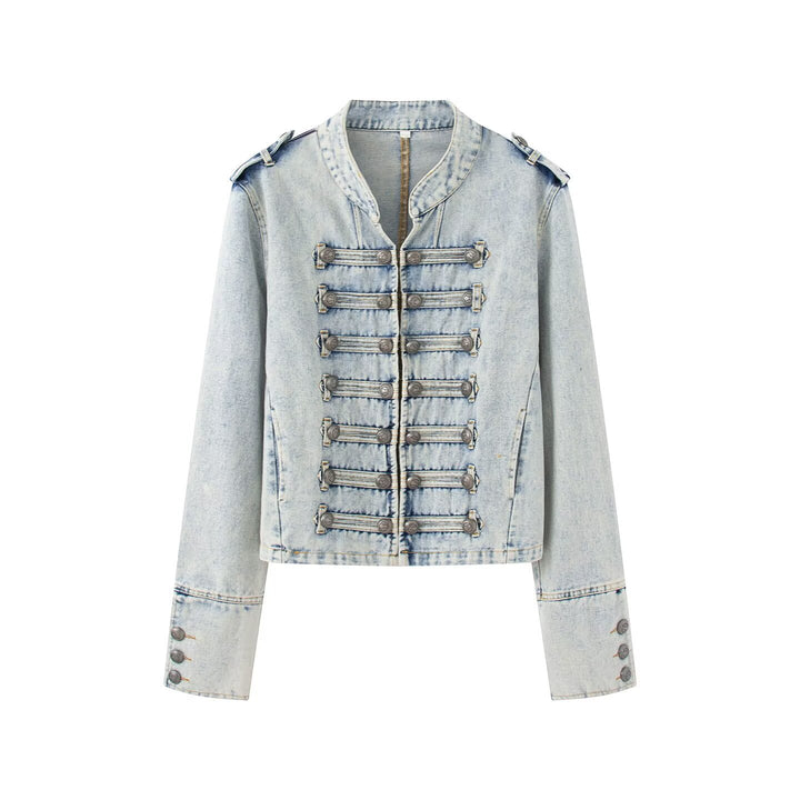 Damen Jeansjacke im Military-Stil mit dekorativer Zierknopfleiste Drune