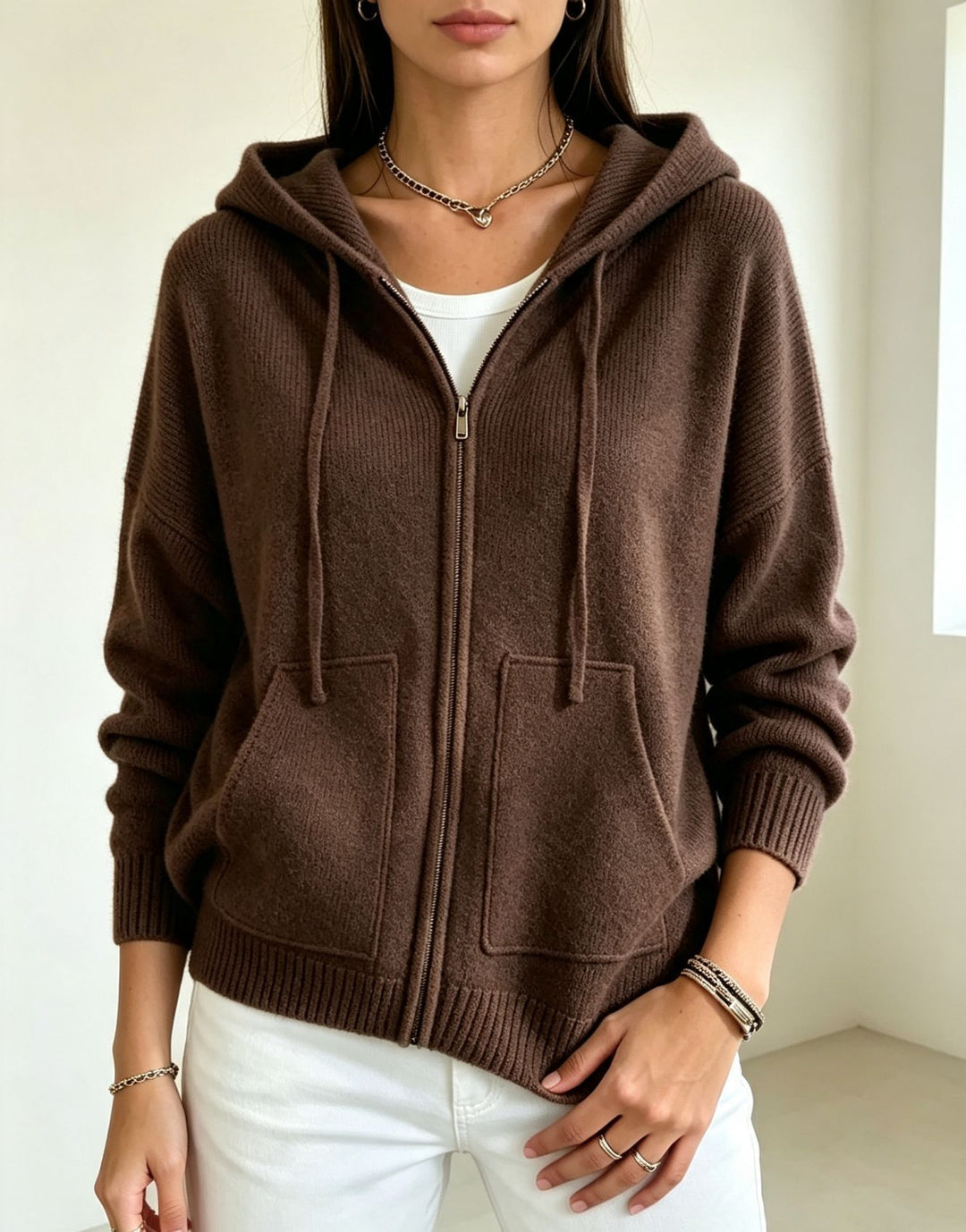 Damen Kapuzen-Wollmix Zip-Cardigan mit kastiger Passform und Kängurutaschen Drune
