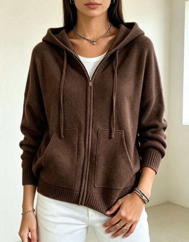 Damen Kapuzen-Wollmix Zip-Cardigan mit kastiger Passform und Kängurutaschen Drune