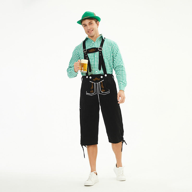 Herren nan knielange Trachtenhose im Vintage-Stil mit verstellbaren Trägern und dekorativer Zierstickerei Drune