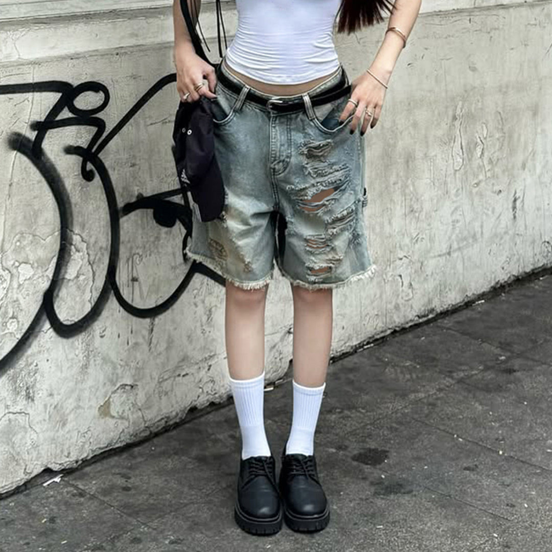 Damen Destroyed Denim-Shorts mit hohem Bund und ausgefransten Säumen Drune