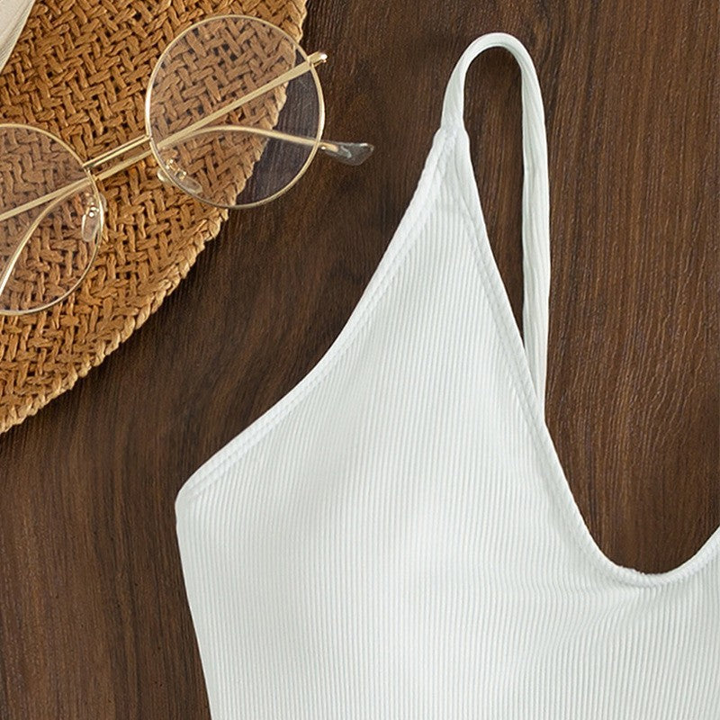 Damen Eleganter Einteiler Badeanzug mit tiefem V-Ausschnitt und schmalen Trägern Drune