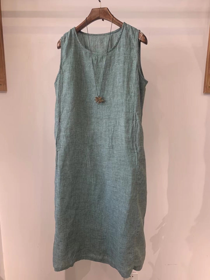 Damen Ärmelloses Leinen Shift Kleid Drune