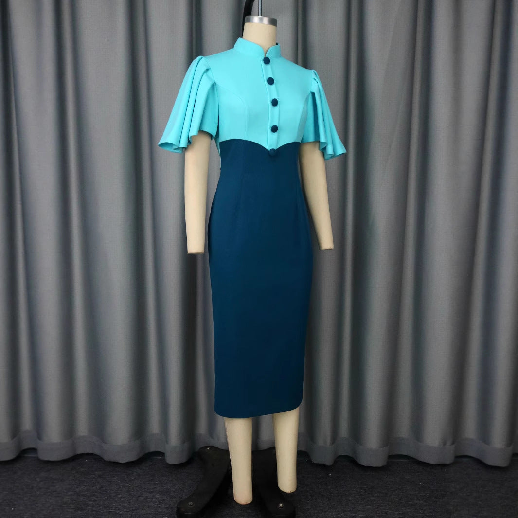 Damen figurbetontes Kleid mit eleganter Stehkragen und kunstvollen Puffärmeln Drune