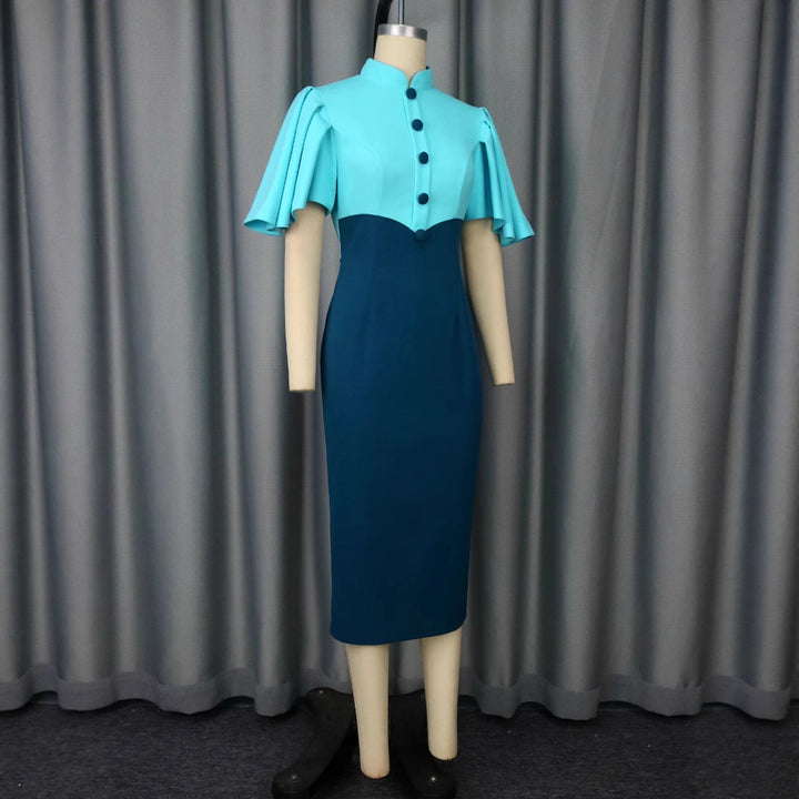 Damen figurbetontes Kleid mit eleganter Stehkragen und kunstvollen Puffärmeln Drune