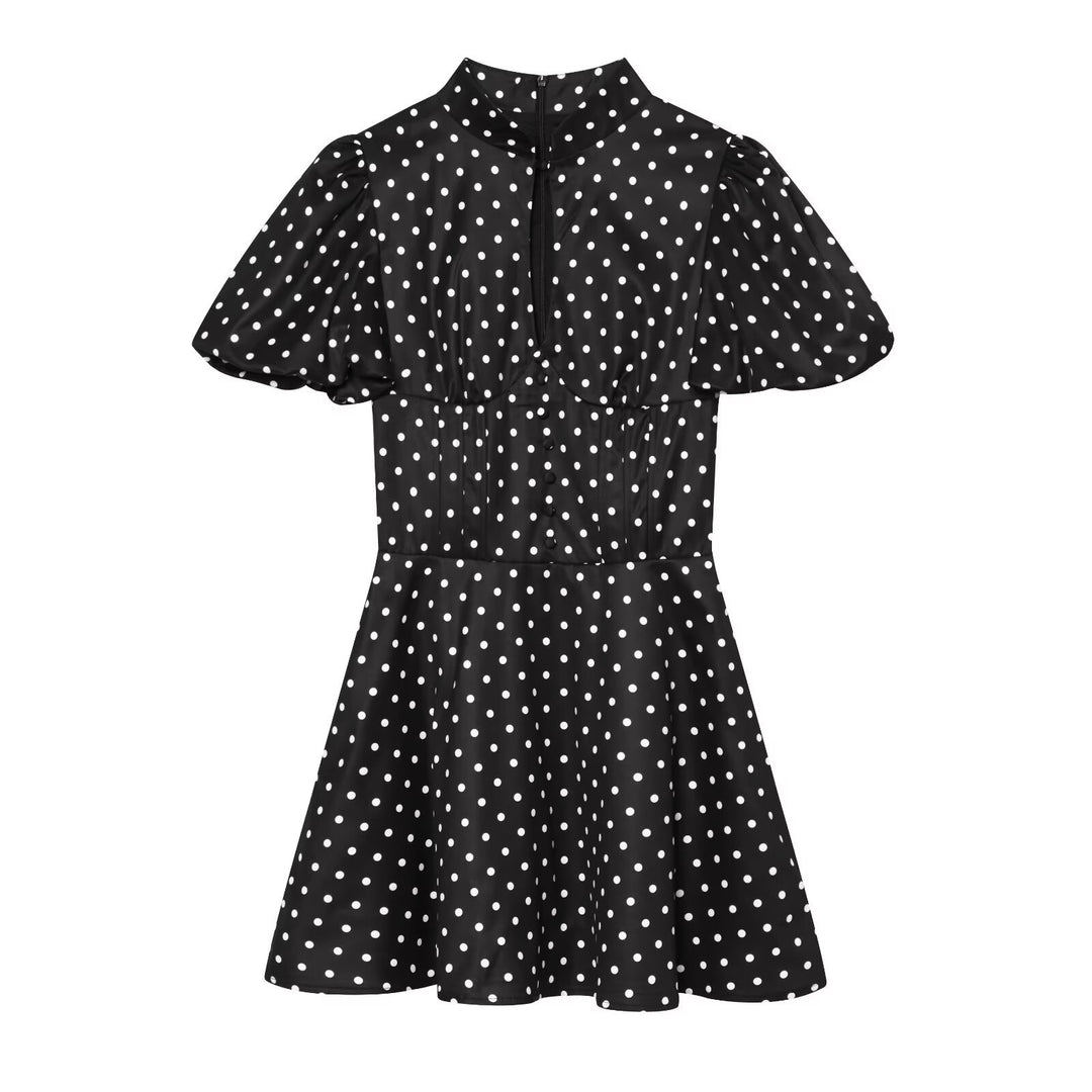Damen Gepunktetes A‑Linien‑Kleid mit Stehkragen, Taillierung und Ballonärmeln Drune