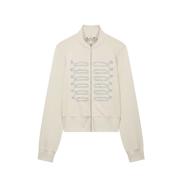 Damen Kurzgeschnittene Sweatjacke mit Stehkragen und militärisch inspirierten Zierkordeln Drune
