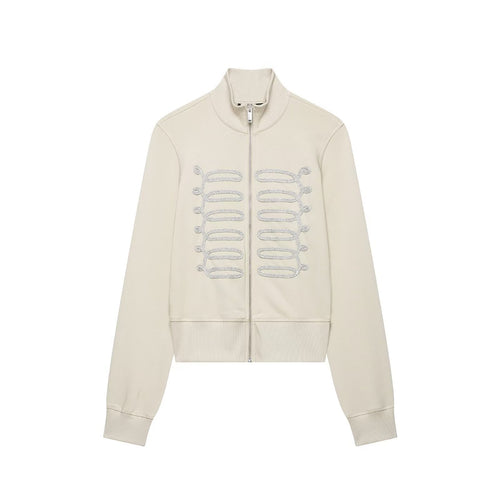 Damen Kurzgeschnittene Sweatjacke mit Stehkragen und militärisch inspirierten Zierkordeln Drune